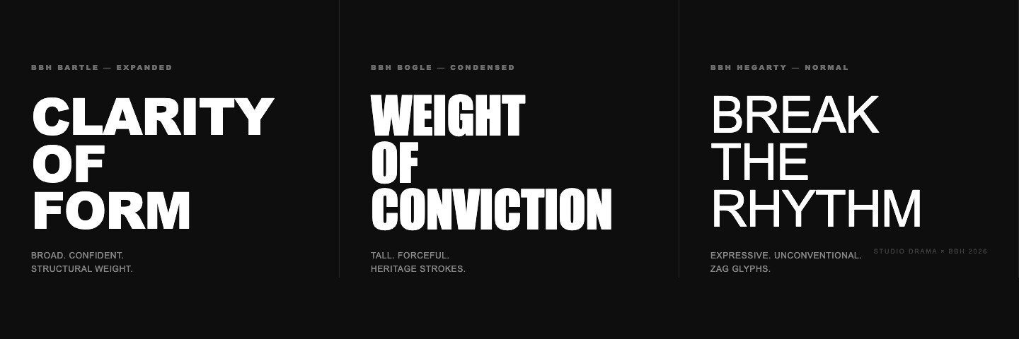 BBH type specimen showing three fonts side by side: BBH Bartle (expanded, bold) reading "Clarity of Form", BBH Bogle (condensed) reading "Weight of Conviction", and BBH Hegarty (normal, open) reading "Break the Rhythm" -- all on a dark ground
