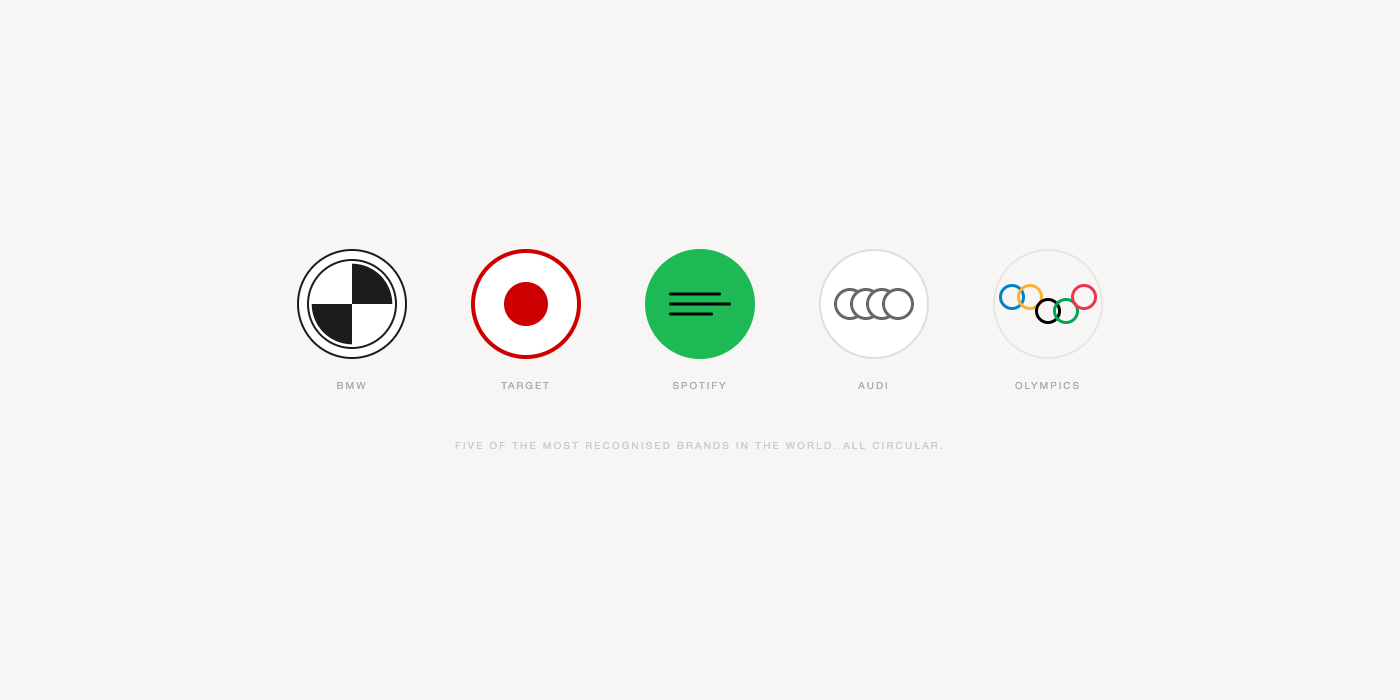 Abstract circular brand marks -- BMW, Target, Spotify, Audi, and Olympics rendered on white