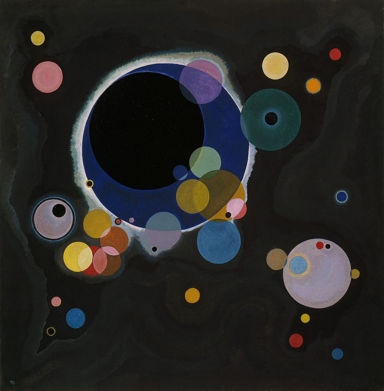 Vasily Kandinsky, Several Circles (Einige Kreise), 1926, oil on canvas -- overlapping translucent circles of blue, yellow, pink and gold on a near-black ground